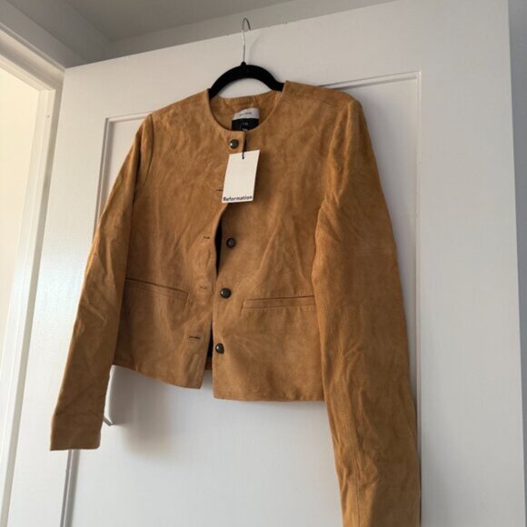 NWT Reformation Veda Reed Jacket Sz Small In Parmesan Suede Leather Collarless - Picture 4 of 9